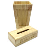 ست جا دستمال و سطل زباله چوبی با طراحی حصیربافت | زیبایی طبیعت در دکور خانه و محل کار