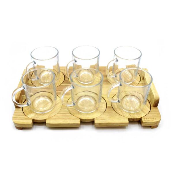 خرید ست چایخوری کفی‌دار با سینی شامل ۶ لیوان شیشه‌ای مقاوم، زیرلیوانی چوبی و سینی شیک. مناسب برای پذیرایی رسمی و روزمره. انتخابی عالی برای آشپزخانه و هدیه.