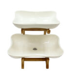 میوه خوری مستطیل دو طبقه سرامیکی با پایه چوبی