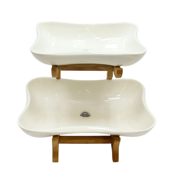 میوه خوری مستطیل دو طبقه سرامیکی با پایه چوبی