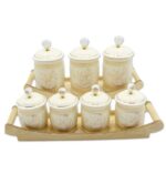 خرید پاسماوری اورانوس طرح درختی ۷ پارچه با استند چوبی. سرامیک لعابدار با طرح طلایی، درب کریستالی و کیفیت بالا. مناسب ادویه، چای، قند و حبوبات.