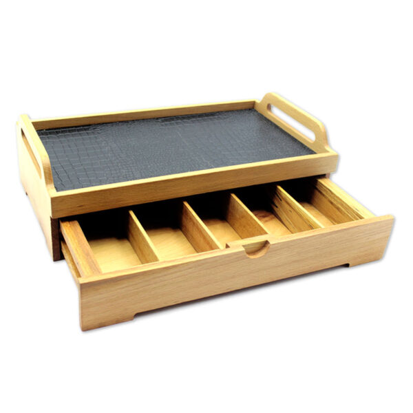 خرید سینی چوبی کف چرمی کشودار | سینی پذیرایی لوکس و چندمنظوره