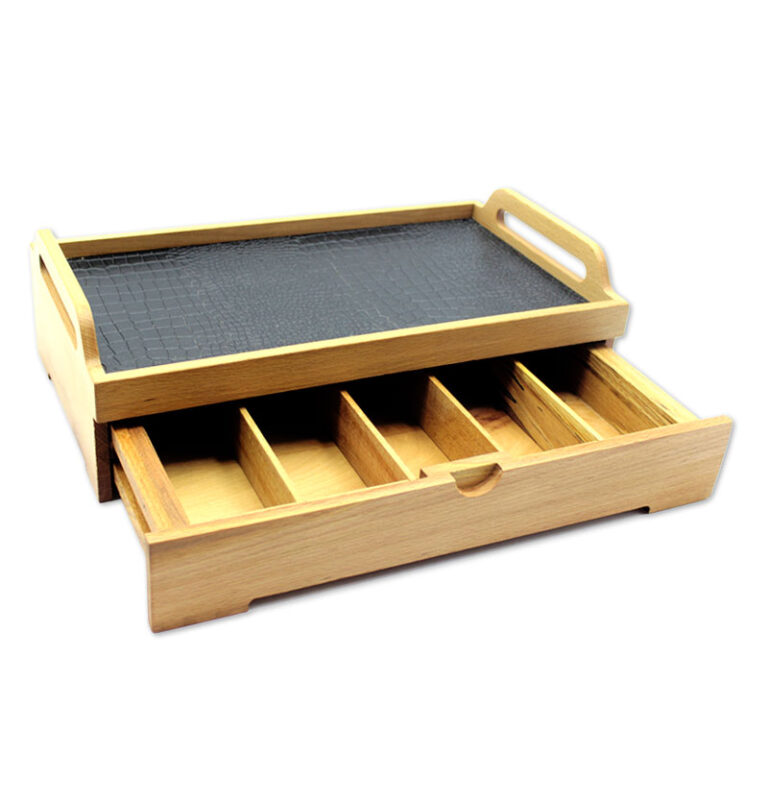 خرید سینی چوبی کف چرمی کشودار | سینی پذیرایی لوکس و چندمنظوره