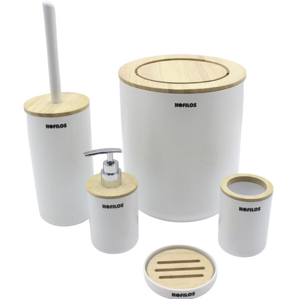 خرید سرویس بهداشتی رایان گرد بامبو ۵ پارچه با طراحی مدرن و بدنه مقاوم، شامل جا مایع، جا مسواکی، لیوان، سطل و فرچه توالت؛ انتخابی شیک و کاربردی برای حمام و دستشویی.