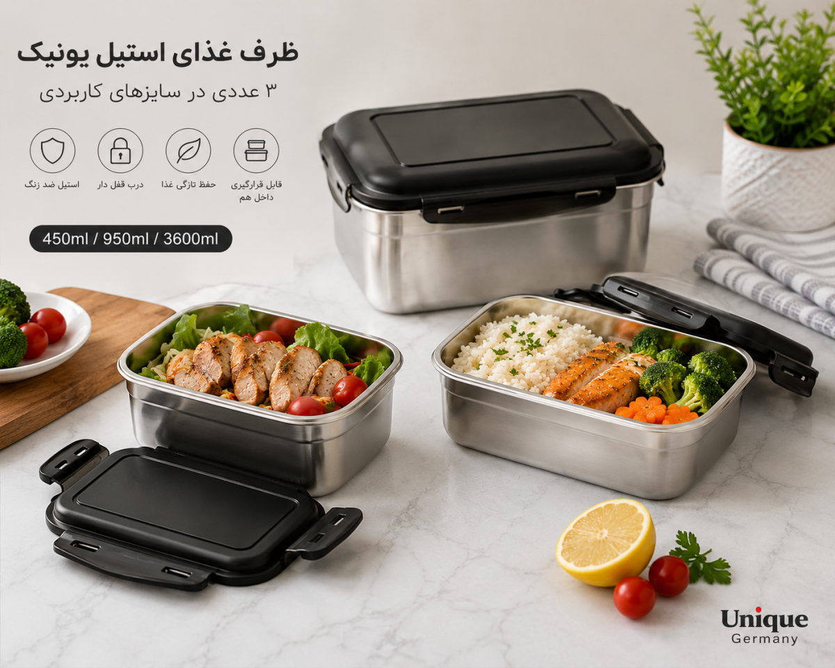 خرید ظرف غذای ۳ عددی استیل یونیک با ظرفیت‌های ۴۵۰، ۹۵۰ و ۳۶۰۰ میلی‌لیتر، بدنه استیل ضدزنگ، درب قفل‌دار و مناسب برای محل کار، مدرسه، سفر و استفاده روزانه