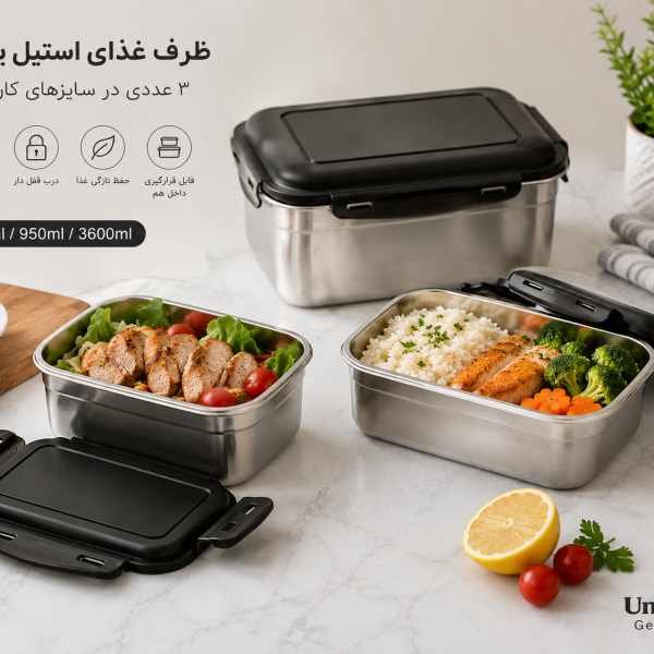 خرید ظرف غذای ۳ عددی استیل یونیک با ظرفیت‌های ۴۵۰، ۹۵۰ و ۳۶۰۰ میلی‌لیتر، بدنه استیل ضدزنگ، درب قفل‌دار و مناسب برای محل کار، مدرسه، سفر و استفاده روزانه